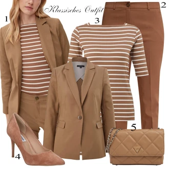 Outfit s Hnědá/Béžová Comma, Béžová/Khaki/Hnědá Bengaline Kalhoty/Business Kalhoty/Mrkvová Kalhoty/Chinos/Obleková Kalhoty/Mušelínové kalhoty/Kalhoty se Štěrbinou/Skinny Kalhoty/Úzká Kalhoty/Navlékací Kalhoty Comma, Comma "Outfit na léto"