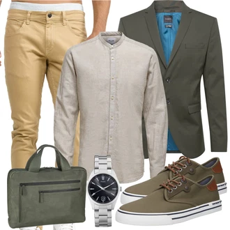 Smart Casual Outfit mit Weiß/Khaki/Beige Bluse Große Größe/Musselin Hemd/Business Hemd/Casual Hemd/Bluse und Tunika Only & Sons "Business Look"Look: Maritim, Zuhause, Smart Casual, Schön, Old Money, Büro