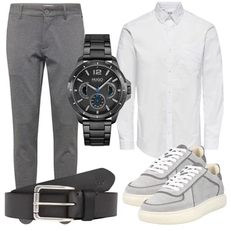 Outfit mit Grau/Weiß/Creme Business Hemd/Businesshemd/Musselin Hemd/Bügelfreies Hemd/Casual Hemd/Hemdbluse Only & Sons "Casual Business Outfit"