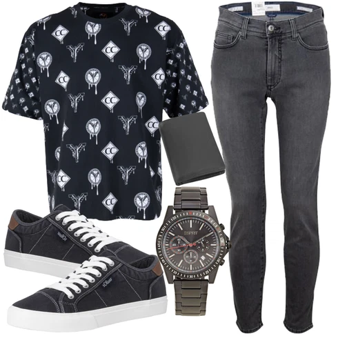 Schwarz Portemonnaie Picard kombinieren mit Schwarz T-Shirt Carlo Colucci