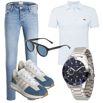 70er Outfit mit Hellblau/Blau Slim Fit Jeans/Lederjacke/Leder Schuhe/Push up Jeans/Low Rise Jean/Winterjacke/Jeans mit Schlitz/Regular-Fit Jeans/Knöchelstiefel/Herren Lederjacke/Schlupfjeans/Low Waist Jean/Tapered-Jeans Jack & Jones "Cool für die Freizeit"Look: Uni, Classic, Premium, 70er, Coole, Schön, Old Money, Schlichte, Casual
