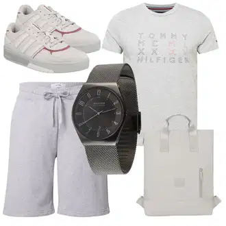 Knielang Outfit mit Grau/Hellgrau Sweatshorts/Baggy Short/Bermuda DAN FOX APPAREL "Cooles Alltagsoutfit"