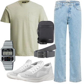90er Outfit mit Hellblau Loose fit Jeans/Dad Jeans/Vintage Jeans/Mom Jean/Girlfriend Jeans/Cropped Jeans/Wide Leg Jean/Boyfriend Jean Jack & Jones "Freizeit Bekleidung"Look: Uni, 90er, Classic, Vintage