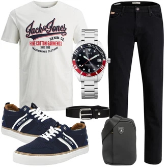 Outdoor Outfit mit Schwarz/Dunkelblau Damen 7/8-Länge Jeans/Regular-Fit Jeans/Lederjacke/Slim Fit Jeans/Straight Leg Jean/Leder Schuhe/Tapered-Jeans/Thermojeans/Winterjacke Jack & Jones "Freizeit Bekleidung"Look: Uni, Classic, Coole, Old Money, Outdoor, Premium, Retro, Schlichte, Moderne, 70er