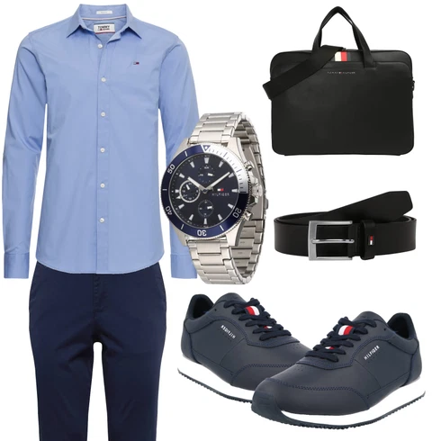 Hellblau/Blau/Dunkelblau Bluse Große Größe/Business Hemd/Businesshemd/Bügelfreies Hemd Tommy Jeans kombinieren mit Schwarz Uhr Tommy Hilfiger
