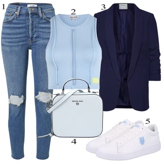 Vintage kombinacije sa Svjetloplava/Plava Skraćene Traperice/High Waist Traperice/Čizma do Gležnja/Traperice s Rupom/Girlfriend Traperice/Traperice s Prorezom/Kožne jakne re/done "Ljetni outfiti"