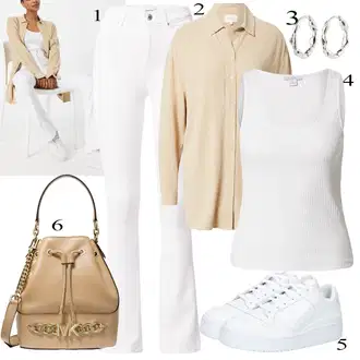 Stil, Western Outfit sa Smeđa/Bež/Bijela/Kaki Oversize Mušlinova Bluzica/Bodija Bluze/Bluza s zakrpom na laktu/Bluza Dugih Rukava/Bluza od Samta/Len Blúza/Kožna jakna za muškarce/Oversize Bluza/Tunika Majica/Slip-on Bluza/Duga Bluza esmé studios "Ljetni outfiti"Look: klasický, Stil, Ured, Unisex, Sveučilišna, Radna odjeća, Prevelik, Retro, Safari
