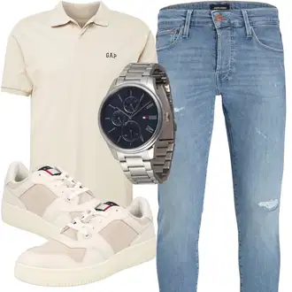 Outfit mit Blau/Hellblau Damen 7/8-Länge Jeans/Knöchelstiefel/Girlfriend Jeans/Jeans mit Schlitz/Jeans mit Loch/Low Rise Jean/Lederjacken/Lederjacke/Slim Fit Jeans/Tapered-Jeans Jack & Jones "Lässiger Freizeit Look"