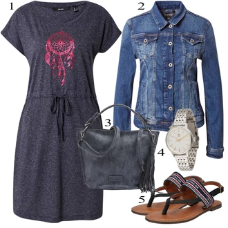 Výstřih na ramena Outfit s Růžová/Tyrkysový Žerzejové Šaty/Tričkové šaty/Mikinové Šaty/Tunikové šaty/Ležérní Šaty VERO MODA "Letní Outfit"