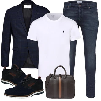 Outfit mit Dunkelblau/Blau Jeans Lederjacke/Leder Schuhe/Slim Fit Jeans/Winterjacke/Push up Jeans/ThermoJeans/Low Rise Jean/Herren Lederjacke/Biker Jeans Only & Sons "Modernes Business Outfit"