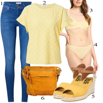 Výstřih na ramena Outfit s Žlutá Pletené tričko/Síťované tričko/Fancy tričko/Tričko s krátkým rukávem/Košilový Top/Top Na Party/Funkční tričko/Tričko s potiskem/Jednoduchý Top/Krátký Top About You "Outfit na léto"