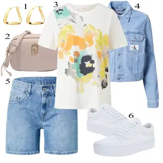 Kombinacije za festival Coachella sa Svjetloplava/Plava Traper Kratke Hlače/Bermuda Pepe Jeans "Ljetni outfiti"Look: dan na plaži, Koncer, Festival, Majčin dan, Škola, Coachella, Malle