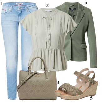 Babydoll Outfit s Světle zelená/Zelená/Tmavě zelená/Khaki Halenka a Tunika/Halenka Móda Pro Plnoštíhlou About You "Pestrý letní outfit"Look: Styl, Babydoll