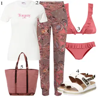 Outfit s Hnědá/Červená/Fialová/Tmavě červená/Růžová Kalhoty s Potiskem/Tradiční Kalhoty/Mušelínové kalhoty/Látková Kalhoty Lascana "Letní vzhled pro módní ženy"