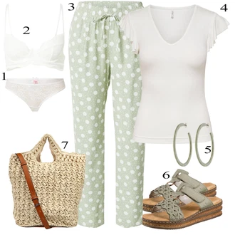 Outfit s Zelená/Světle zelená/Bílá Pyžamová Kalhoty/Paperbag Kalhoty/Mušelínové kalhoty/Kalhoty s Potiskem/Domácí Kalhoty VERO MODA "Outfit na léto"