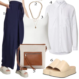Outfity pro léto Len s Šedá/Bílá/Krémová Tunikové Tričko/Oversize HaLenka/HaLenka se Stojatým Límcem/Dlouhá HaLenka/Slip-on HaLenka/Oversize Muselínová Blůza Leger by Lena Gercke, Béžová/Růžová/Modrá Sandály Leger by Lena Gercke "Outfit na léto"