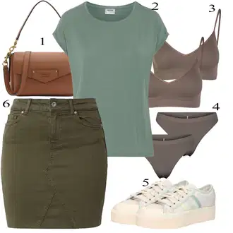 Džínovina Outfit s Tmavě zelená/Khaki Manšestrová sukně/Cargo Sukně/Moderní Sukně/Krátká Sukně/Džínová Sukně Only "Letní Outfit"