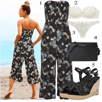 Outfit s Černá/Červená Overal se širokými nohavicemi/Plisovaný Overal/Svatební kombinéza/Letní Overall/Elegantní Overal/Slavnostní Overall Lascana "Pestrý letní outfit"