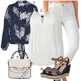 Outfity pro zábavu Hawaii s Modrá/Tmavě modrá Zavinování Halenka/Carmen Blůza/Crash blůza/Halenkový Top/Vzorovaná Halenka/Zavazovací Halenka/Halenka s Mašlí/Halenka s Potiskem Lascana "Letní vzhled pro módní ženy"Look: Hawaii, Bar, Biřmování, Galavečer, Párty, Den na pláži, Koncert, Den matek, Zvláštní příležitosti