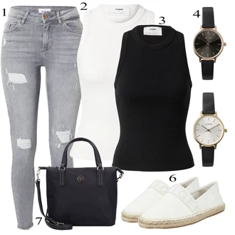 Outfit s Černá Halenka Bez Rukávů/Sportovní top/Tričko s grafikou about you x marie von behrens "Outfit na léto"