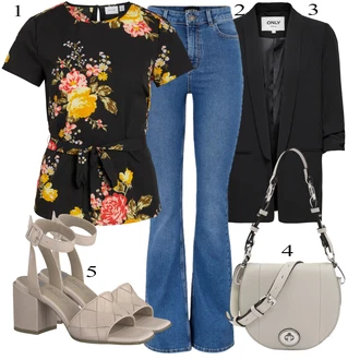 Retro Outfit s Modrá/Světle modrá/Lilové barvy Zvonové Džíny/Pánské tričko/High Waist Džínové Kalhoty/Džíny s Rozparkem Pieces "Pestrý letní outfit"Look: Styl, 90tá léta, Boho, Klasické, Cool, Retro, Old Money, 70tá léta