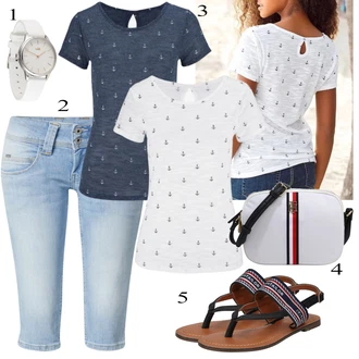 Outfit s Krémová/Tmavě modrá Fancy tričko/Pletené tričko/Polo Tričko/Tričko s potiskem/Košile s potiskem BEACH TIME "Módní letní vzhled"