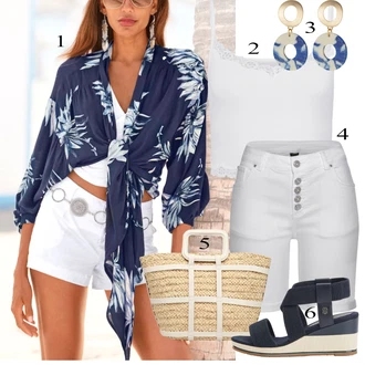 Outfity pro zábavu Hawaii s Modrá/Tmavě modrá Zavinování Halenka/Carmen Blůza/Crash blůza/Halenkový Top/Vzorovaná Halenka/Zavazovací Halenka/Halenka s Mašlí/Halenka s Potiskem Lascana "Pestrý letní outfit"Look: Hawaii, Bar, Biřmování, Galavečer, Párty, Den na pláži, Koncert, Den matek, Zvláštní příležitosti