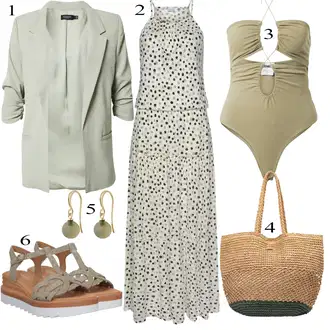 Outfity na zahradní párty Svatební host s Béžová/Bílá Šaty s puntíky/Maxi Šaty/Šaty S Potiskem/Šaty Niki Buffalo, Khaki/Béžová/Tmavě zelená Bikiny Velká Velikost/Plavky Velké Velikosti ABOUT YOU x Alina Eremia "Letní vzhled pro módní ženy"