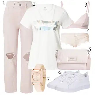 Outfit sa Pink/Bež/Plava/Siva Remen/Zvonaste Hlače/Ruksak Calvin Klein "Ljetni outfiti"
