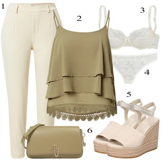 Outfit s Khaki/Béžová Mušelínové kalhoty/Střmenová Kalhoty/3/4 Kalhoty/Capri kalhoty/Kalhoty se Štěrbinou/Úzká Kalhoty/Mrkvová Kalhoty/Kalhoty s Vysokým Pasem/Kalhoty s nášivkou uprostřed/Skinny Kalhoty Object "Perfektní na léto"
