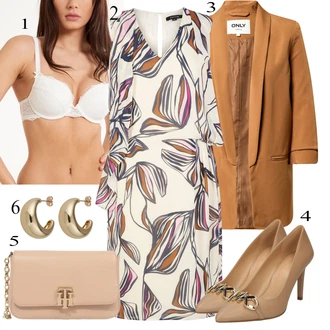 Výstřih na ramena Outfit s Krémová/Bílá/Béžová Zavinovací Šaty/Letní Šaty/Šaty S Potiskem/Společenské šaty pro hosta Comma "Obchodní Outfit"