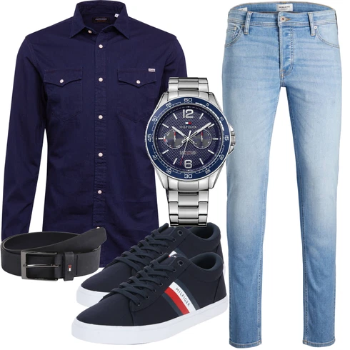 Dunkelblau Business Hemd/Jeanshemd/Hemdbluse/Businesshemd/Casual Hemd Jack & Jones kombinieren mit Blau/Hellblau Damen 7/8-Länge Jeans/Knöchelstiefel/Boyfriend Jean/Cropped Jeans/Dad Jeans/Girlfriend Jeans/Low Rise Jean/Regular-Fit Jeans/Slim Fit Jeans/Tapered-Jeans Jack & Jones