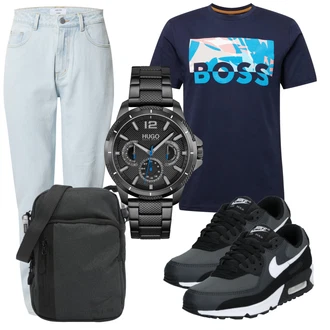 Outfit mit HellBlau/Blau Mom Jean/Tapered-Jeans/Dad Jeans/Boyfriend Jean/Girlfriend Jeans/Jeans mit Schlitz/High Waist Jeans/Cropped Jeans/Vintage Jeans/Herren Lederjacke DAN FOX APPAREL "Praktischer Look"