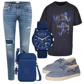 Outfit mit Blau/Hellblau Biker Jeans/Jeans mit Schlitz/Jeans mit Loch/Low Rise Jean/Lederjacken/Lederjacke/Slim Fit Jeans Jack & Jones "Praktischer Look"