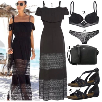 Dlouhé Outfit s Černá/Tmavě šedá/Šedá Společenské šaty pro hosta/Maxi Šaty/Boho Šaty/Šaty S Odhalenými Rameny/Šaty Carmen/Dlouhé Letní Šaty Lascana "Letní vzhled pro módní ženy"
