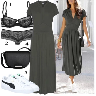 Dlouhé Outfit s Tmavě šedá/Tmavě zelená/Šedá/Khaki Dlouhé Šaty/Dlouhé Letní Šaty/Dlouhé pletené šaty/Šaty v Délce do Lýtka/Společenské šaty pro hosta/Žerzejové Šaty/Občanské šaty/Maxi Šaty Lascana "Perfektní na léto"