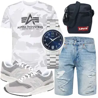 Logoprint Outfit mit Weiß/Dunkelgrün/Hellgrau T-Shirt & Top/Funktions T-Shirt/Umstands T-Shirt/Print Shirt/Kurzarm T-Shirt/T-Shirt Training/T-Shirt Mit Print Alpha Industries, Grau/Hellgrau Sneaker Low/Schmaler Sneaker/Sommer Sneaker/Vintage Sneaker New Balance "Sommer Look für den Alltag"