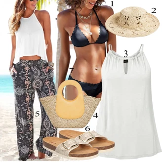 Outfit s Černá/Hnědá Plavky Bikiny - Spodní Díl/Bikiny hotpant/Bikiny tanga/Balconette-bikini/Micro Bikini/Spodní díl bikin/Provázkové bikini/Bikiny s průstřihem/Bikiny s volánky Lascana "Pestrý letní outfit"