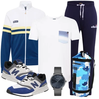 Retro Outfit mit Hellblau/Dunkelblau/Blau gesundheitsschuh/Sneaker Low/Sommer Sneaker/Vintage Sneaker/Walkingschuh New Balance "Sport Outfit"Look: Color Blocking, Outdoor, Retro, Sportlich, Steampunk, 80er, Classic, Workwear