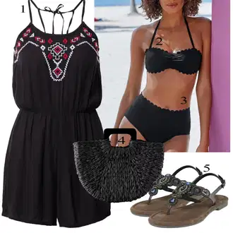 Outfit sa Crna/Bež/Tamnocrvena/Crvena Kombinezon About You "Ljetni outfiti"