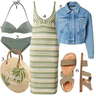 Outfit sa Svjetloplava/Svjetlozelena/Zeleno Push-up gornji dio bikinija/Kožni muški remeni/Bralette gornji dio bikinija/Bikini s halterima/Kožne jakne za muškarce/Gornji Dio Bikinija Balconette/Bikini set Push-Up Bikini/Balconette Bikini/Bikini gornji dio sa žicom S.Oliver "Ljetni outfiti"