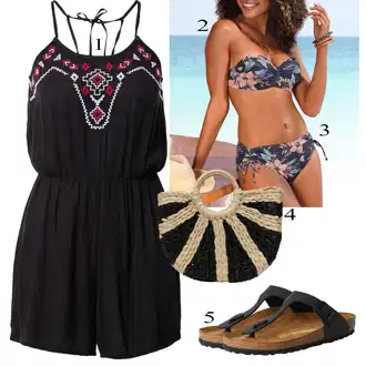 Outfit sa Crna/Bež/Tamnocrvena/Crvena Kombinezon About You "Ljetni outfiti"