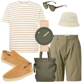 20er Jahre Outfit mit Beige/Creme/Khaki Kappe/Kopfbedeckung weekday "Strand Outfit"Look: 20er Jahre, Lagenlook, Maritim, Old Money, Mit Transparent, Unisex, Retro, 80er
