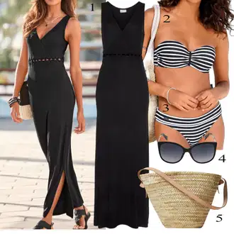 Outfit s Černá Pouzdrová Šat/Dlouhé pletené šaty/Dlouhé saténové šaty/Šaty Bez Ramínka/Maxi Šaty/Dlouhé Šaty/Šaty S Rovným Střihem/Šaty s Rozparkem Lascana "Perfektní na léto"