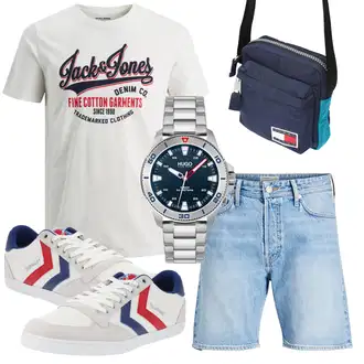 Retro Outfit mit Blau/Creme/Weiß Schmaler Sneaker/Vintage Sneaker/Sneaker Low/Leder Sneaker Hummel "Summer Outfit"Look: Color Blocking, Metal, Empire, Casual, Retro, Sportlich, Französische