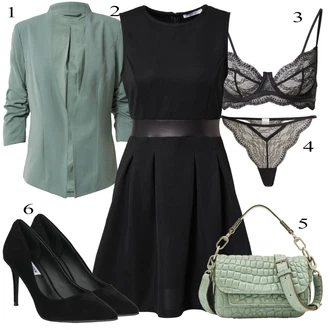 Outfit s Černá/Šedá Skater šaty/Šaty Bez Rukávů/Šaty Do Áčka/Kožené šaty/Šaty Fit & Flare/Šaty s Páskem/Šaty Ze Síťoviny About You "Večerní Outfit"