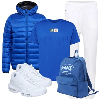 90er Skate Outfit mit Blau/Weiß/Creme Chunky Sneaker/Sneaker Low/medicus schuh/Sicherheitsschuh/Schuh Mit Rolle/Skateschuh/Sneaker Mit Lochmuster/Sneaker Mit Seitlichem Reißverschluss/Walkingschuh Nike Sportswear "Alltagsoutfit"Look: Uni, Empire, 90er, Esthetische, Reggaeton, Skater, Smart Casual, Sportlich, Streetwear, Mit Transparent, Unisex, Outdoor, Rap, Skate