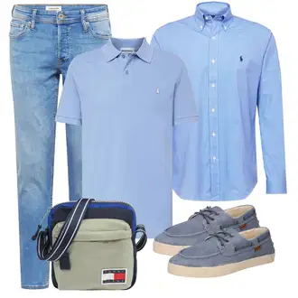 Outfit mit HellBlau/Blau Bügelfreies Hemd/Business Hemd/Businesshemd/Casual Hemd/Strickshirt/Buntes Hemd/Hemdbluse Polo Ralph Lauren "Alltagsoutfit"
