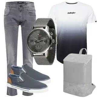 Outfit mit Dunkelblau/Lila/Weiß/Grau/Schwarz/Hellgrau/Gelb Ausgefallenes T-shirt/T-Shirt Training/Shirt/Longshirt/Langes Oberteil/T-Shirt & Top Hollister "Alltagsoutfit"