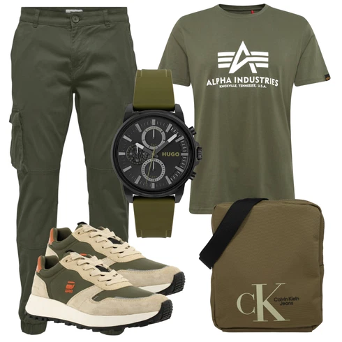 Dunkelgrün Bluse Große Größe/Shirt & Top Große Größe/Kurzarm T-Shirt/Funktions T-Shirt/T-Shirt Training/Laufschuhe für Männer/T-Shirt Mit Print/Print Shirt/Ausgefallenes T-shirt/Casual T-Shirt/Umstands T-Shirt Alpha Industries kombinieren mit Schwarz Uhr Hugo